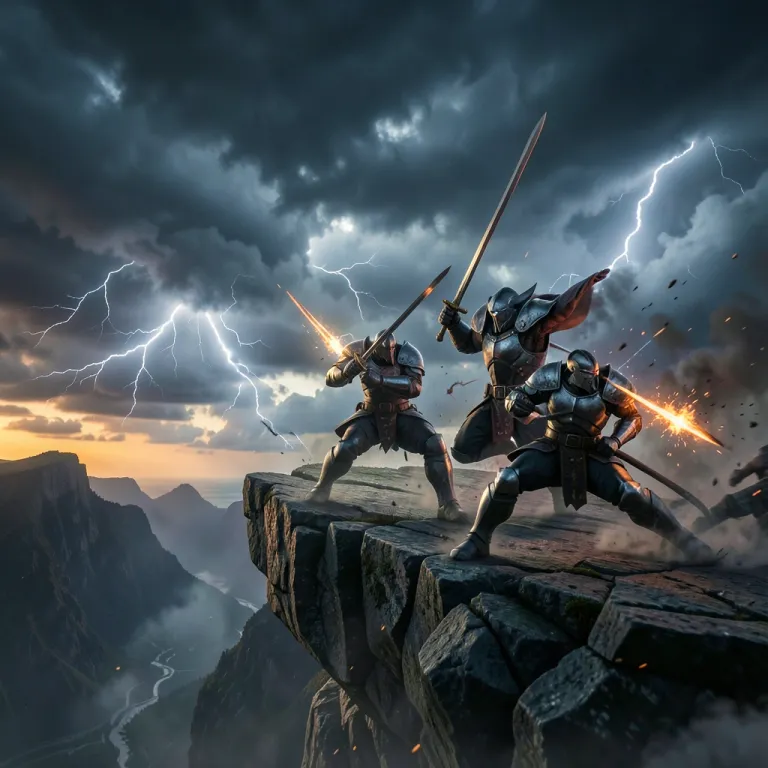 Cinematic AI image — epic battle on a cliff, storm clouds