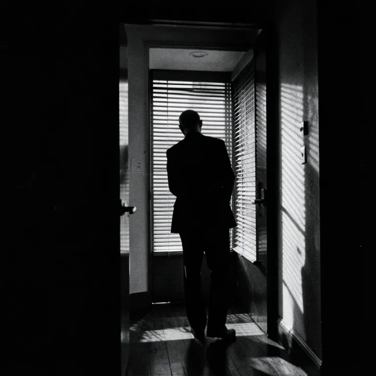 Film Noir AI image — silhouette in a doorway, venetian blinds