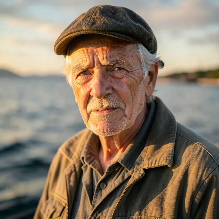 Portrait AI image — elderly fisherman, weathered face, golden hour