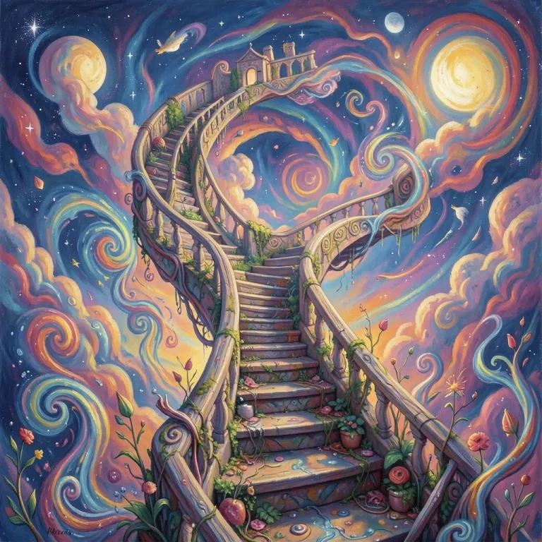 Surreal AI image — staircase that loops into the sky