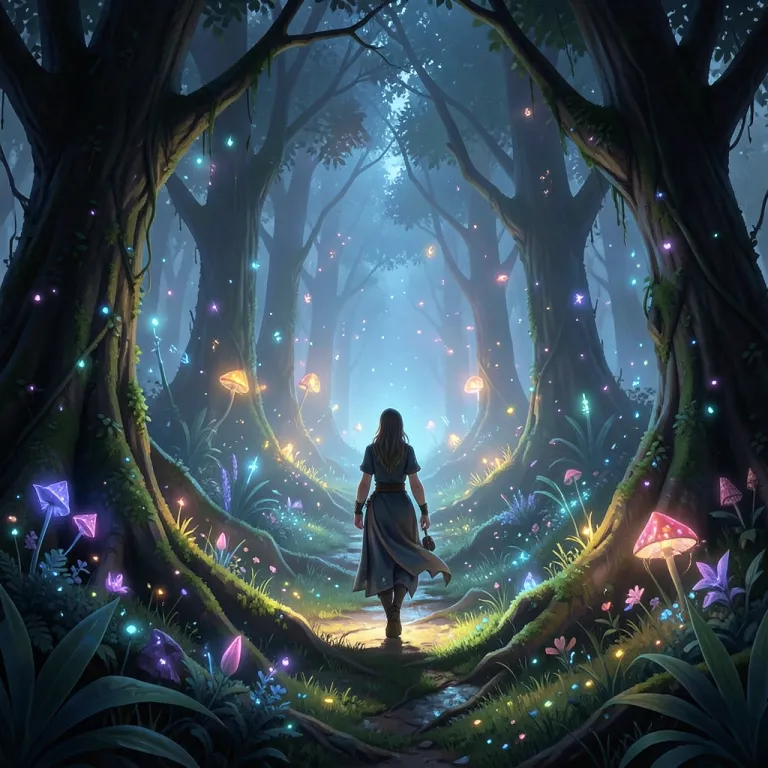 Book Cover AI image — lone figure walking into a glowing forest