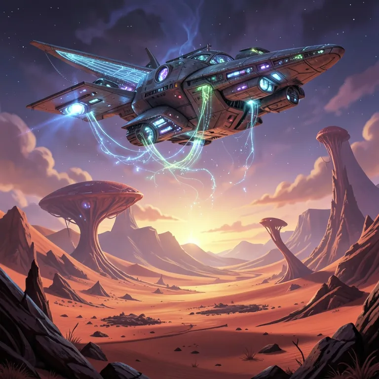 Book Cover AI image — spaceship above an alien desert planet