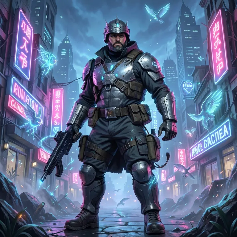 Character Art AI image — cyberpunk mercenary, neon city backdrop